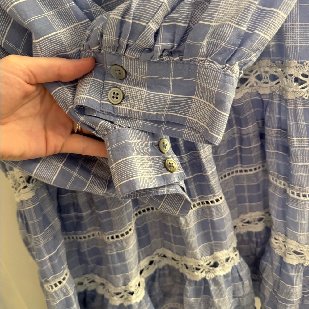 Free People Time Out Lace Tunic Shirt Blouse Chambray Blue White Plaid Medium - Picture 6 of 12